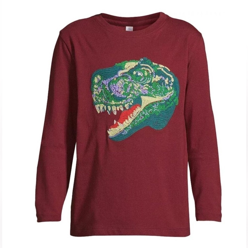 Lands' End Red T-Rex Dinosaur Embroidered Graphic Tee Top Long Sleeve Sz M 8 NEW